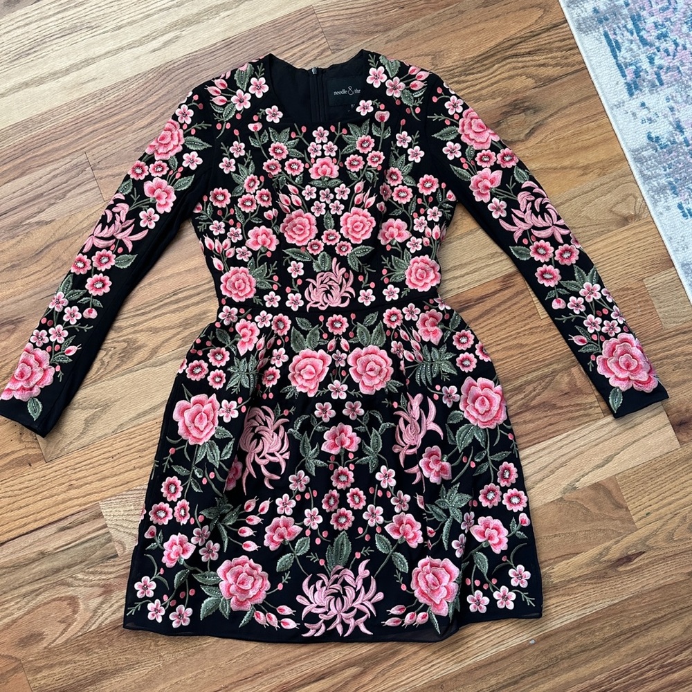 Needle & Thread embroidered black mini dress size 4.